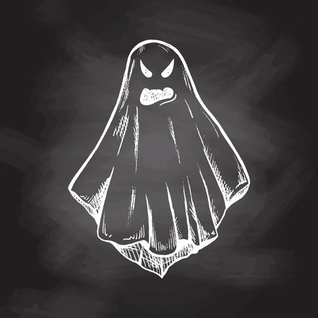 Hand drawn white sketch of ghost isolated on chalkboard background. scary white ghost. Happy Halloween. Cute vintage spooky character. Vector illustration for posters, decoration and print.のイラスト素材