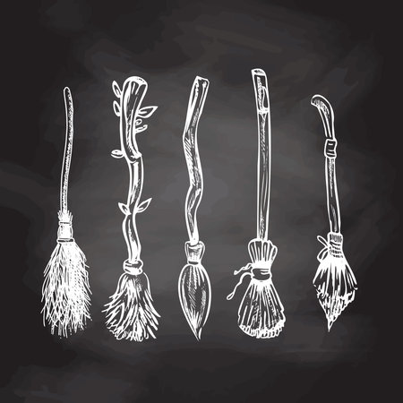 Hand drawn sketch of magic brooms set isolated on chalkboard background. Element of witchcraft. Symbol of magic. A vehicle for the witch. Tattoo broomstick or print for Halloween or all saints' day. vector illustration.のイラスト素材