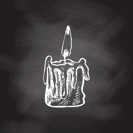 Hand drawn white sketch of burning candle isolated on chalkboard background. Vector illustration of a vintage style. Halloween or Christmas drawing.のイラスト素材