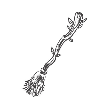 Hand drawn sketch of magic broom. Element of witchcraft. Symbol of magic. A vehicle for the witch. Tattoo broomstick or print for Halloween or all saints' day. vector illustration.のイラスト素材