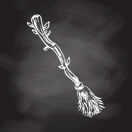 Hand drawn sketch of magic broom isolated on chalkboard background. Element of witchcraft. Symbol of magic. A vehicle for the witch. Tattoo broomstick or print for Halloween or all saints' day. vector illustration.のイラスト素材