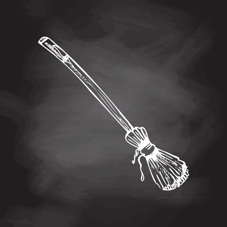 Hand drawn sketch of magic broom isolated on chalkboard background. Element of witchcraft. Symbol of magic. A vehicle for the witch. Tattoo broomstick or print for Halloween or all saints' day. vector illustration.のイラスト素材