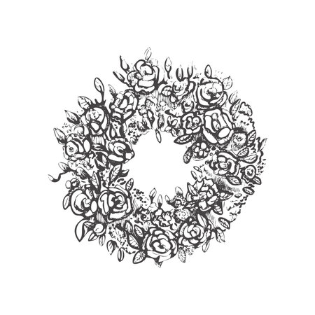Funeral mortuary mourning flower wreath isolated on white background. Hand drawn vector isolated symbol of cemetery and burial place. Sketch vintage illustration for design of funeral serviceのイラスト素材
