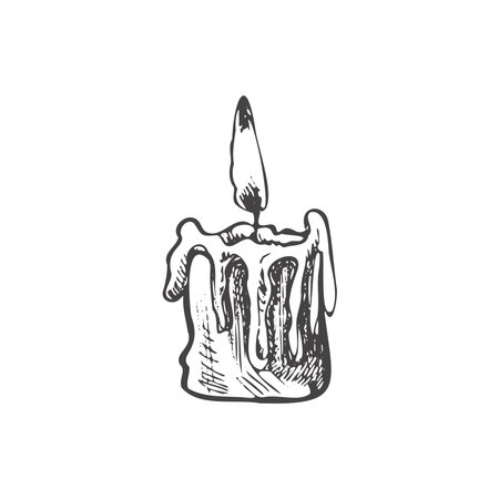 Hand drawn sketch of burning candle. Vector illustration of a vintage style. Halloween drawing.のイラスト素材