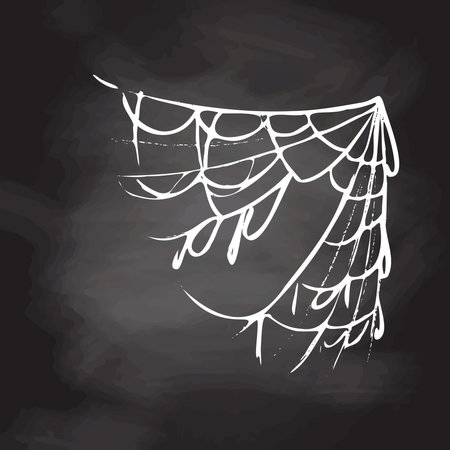 Halloween decor, spider cobweb, hand drawn vector illustration isolated on chalkboard background. Vintage, doodle sketch.のイラスト素材