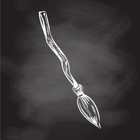 Hand drawn sketch of magic broom isolated on chalkboard background. Element of witchcraft. Symbol of magic. A vehicle for the witch. Tattoo broomstick or print for Halloween or all saints' day. vector illustration.のイラスト素材