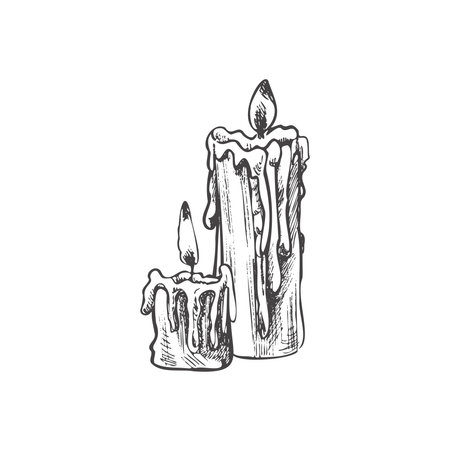 Hand drawn sketch of burning candles. Vector illustration of a vintage style. Halloween or Christmas drawing.のイラスト素材