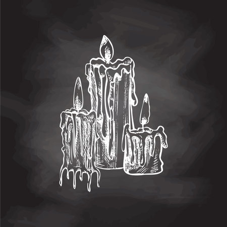 Hand drawn sketch of burning candles. Vector illustration of a vintage style. Halloween or Christmas drawing isolated on chalkboard background.のイラスト素材