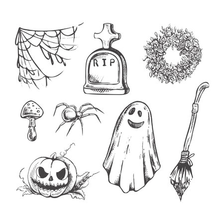 Set of halloween elements in sketch style. Design of witch, creepy and spooky elements for halloween decorations, sketch, icon. Hand drawn vector spider web, spider, tombstone, fly agaric, funeral wreath, scary pumpkin, broom and ghost isolated on white background.のイラスト素材