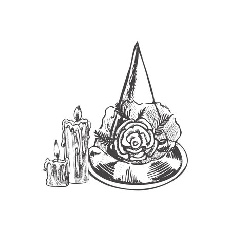 Halloween pointed hat, candles, lantern isolated on white background. Hand drawn vector sketch doodle graphic illustration. Halloween party, holiday, cloth, print, icon, logo, paper, decor.のイラスト素材