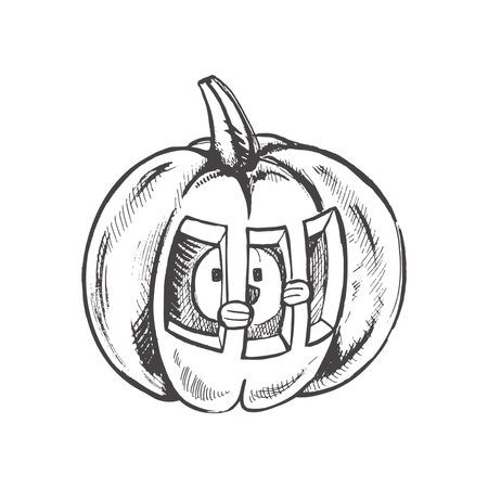 Vector hand drawn Halloween Illustration. Detailed retro style hand-drawn funny and scary pumpkin sketch isolated on white background. Vintage sketch element for labels, packaging and cards design.のイラスト素材