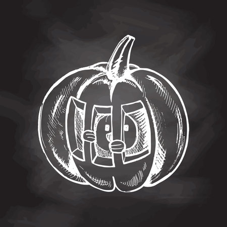 Vector hand drawn Halloween Illustration. Detailed retro style hand-drawn funny and scary pumpkin sketch isolated on chalkboard background. Vintage sketch element for labels, packaging and cards design.のイラスト素材