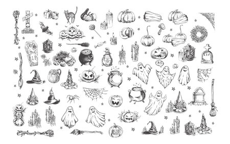 Big set of halloween elements in sketch style. Design of witch, ghost, creepy and spooky elements for halloween decorations, sketch, icon. Hand drawn vector isolated on white background.の写真素材