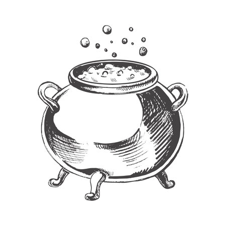 Halloween cauldron isolated on white background. Hand drawn vector sketch doodle graphic illustration. Halloween party, holiday, cloth, print, icon, logo, paper, decor.のイラスト素材