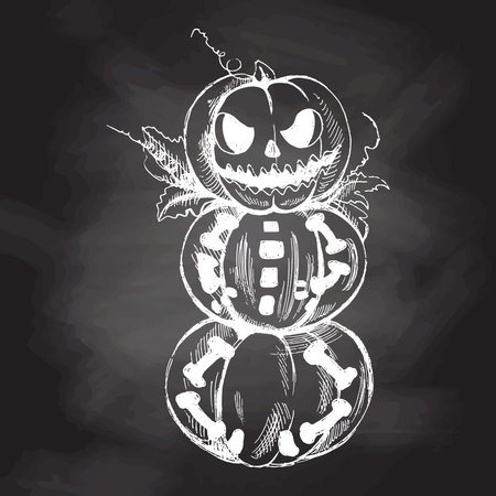 Vector hand drawn Halloween Illustration. Detailed retro style hand-drawn funny and scary pumpkin sketch isolated on chalkboard background. Vintage sketch element for labels, packaging and cards design.のイラスト素材