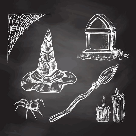 Set of halloween elements in sketch style. Design of witch, creepy and spooky elements for halloween decorations, sketch, icon. Hand drawn vector spider web, spider, tombstone, broom, pointed hat and candles isolated on chalkboard background.のイラスト素材