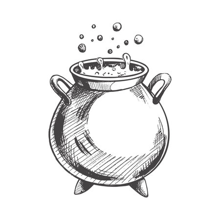 Halloween cauldron isolated on white background. Hand drawn vector sketch doodle graphic illustration. Halloween party, holiday, cloth, print, icon, logo, paper, decor.のイラスト素材