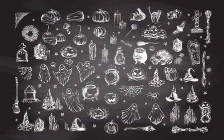 Big set of halloween elements in sketch style. Design of witch, ghost, creepy and spooky elements for halloween decorations, sketch, icon. Hand drawn vector isolated on chalkboard background.の写真素材