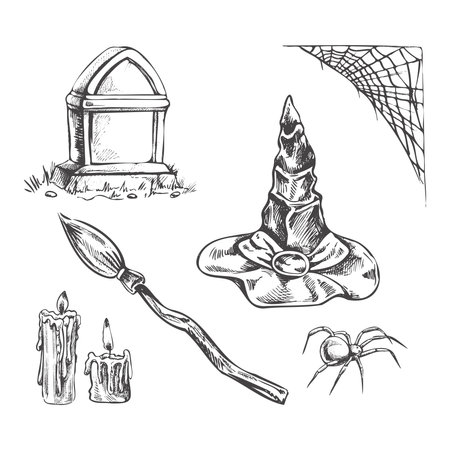 Set of halloween elements in sketch style. Design of witch, creepy and spooky elements for halloween decorations, sketch, icon. Hand drawn vector spider web, spider, tombstone, broom, pointed hat and candles isolated on white background.のイラスト素材