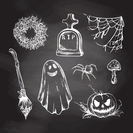 Set of halloween elements in sketch style. Design of witch, creepy and spooky elements for halloween decorations, sketch, icon. Hand drawn vector spider web, spider, tombstone, fly agaric, funeral wreath, scary pumpkin, broom and ghost isolated on chalkboard background.のイラスト素材