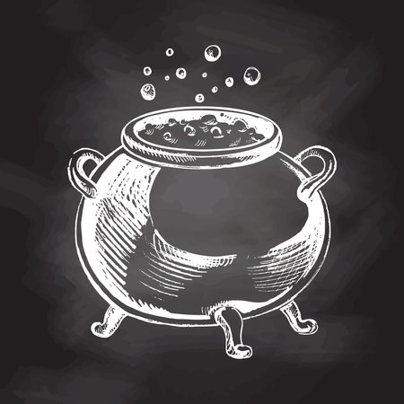 Halloween cauldron isolated on chalkboard background. Hand drawn vector sketch doodle graphic illustration. Halloween party, holiday, cloth, print, icon, logo, paper, decor.のイラスト素材