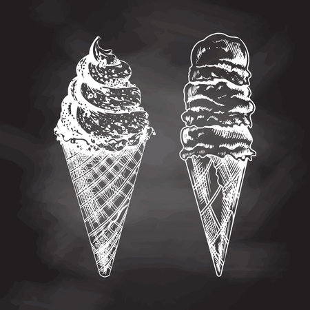 Hand-drawn sketch of a waffle cones with frozen yogurt or soft ice cream isolated on chalkboard background, white drawing. Vector vintage engraved illustrationのイラスト素材