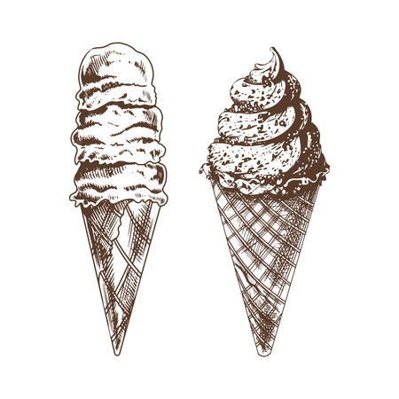 A hand-drawn sketch of a waffle cones with frozen yogurt or soft ice cream. vintage illustration. Element for the design of labels, packaging and postcards.のイラスト素材