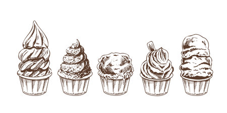 A hand-drawn sketch of ice cream balls, frozen yoghurt or cupcakes in cups. set. vintage illustration. Element for the design of labels, packaging and postcards.のイラスト素材