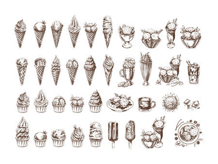 Big hand-drawn sketch of ice cream or frozen yoghurt in cups and cones, milkshakes, ice cream on a stick, cupcakes, cookies. vintage illustration. set. Element for the design of labels, packaging and postcards.のイラスト素材