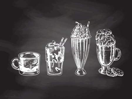 A hand-drawn sketch set of drinks isolated on chalkboard background. Coffee with whipped cream and cookies, milkshake with cream, ice cream, affogato coffee with ice cream on a glass cup.のイラスト素材