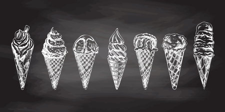 Hand-drawn sketch of waffle cones with ice cream or frozen yoghurt isolated on chalkboard background, white drawing. set. Vector vintage engraved illustration.のイラスト素材