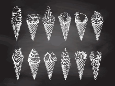 Hand-drawn sketch of waffle cones with ice cream or frozen yoghurt isolated on chalkboard background, white drawing. set. Vector vintage engraved illustration.のイラスト素材