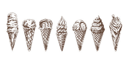 A hand-drawn sketch of a waffle cones with ice cream or frozen yoghurt. vintage illustration. set. Element for the design of labels, packaging and postcards.のイラスト素材