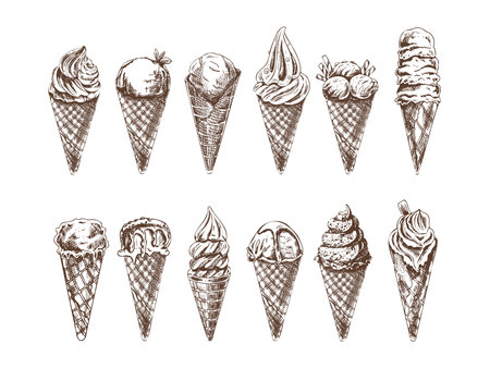 A hand-drawn sketch of a waffle cones with ice cream or frozen yoghurt. vintage illustration. set. Element for the design of labels, packaging and postcards.のイラスト素材