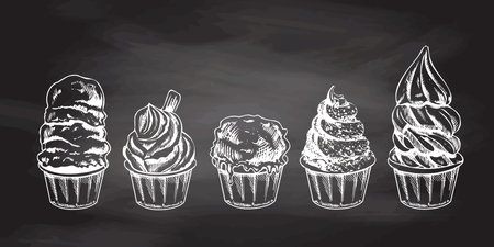 Hand-drawn sketch of ice cream balls, frozen yoghurt or cupcakes in cups isolated on chalkboard background, white drawing. set. Vector vintage engraved illustration.のイラスト素材
