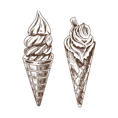 A hand-drawn sketch of a waffle cones with frozen yogurt or soft ice cream. vintage illustration. Element for the design of labels, packaging and postcards.のイラスト素材