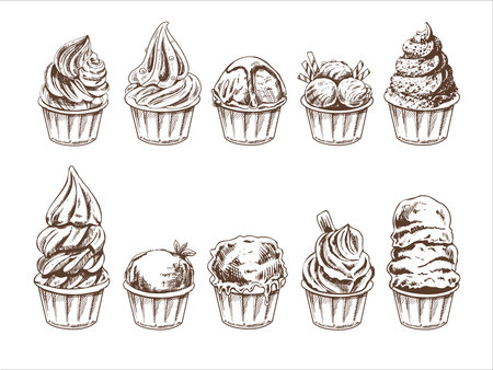 A hand-drawn sketch of ice cream balls, frozen yoghurt or cupcakes in cups. set. vintage illustration. Element for the design of labels, packaging and postcards.のイラスト素材