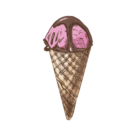 A hand-drawn colored sketch of a waffle cone ice cream. vintage illustration. Element for the design of labels, packaging and postcards.のイラスト素材
