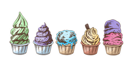 A hand-drawn colored sketch of ice cream balls, frozen yoghurt or cupcakes in cups. set. vintage illustration. Element for the design of labels, packaging and postcards.のイラスト素材