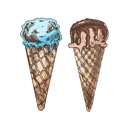 A hand-drawn colored sketch of a waffle cones with frozen yogurt or soft ice cream. vintage illustration. Element for the design of labels, packaging and postcards.のイラスト素材
