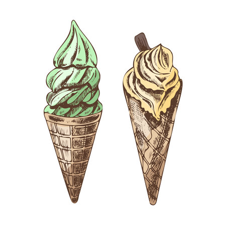 A hand-drawn colored sketch of a waffle cones with frozen yogurt or soft ice cream. vintage illustration. Element for the design of labels, packaging and postcards.のイラスト素材