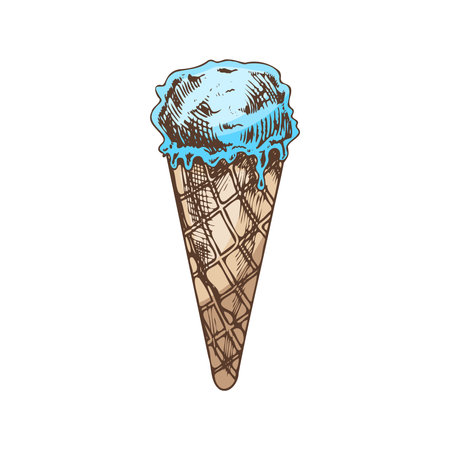 A hand-drawn colored sketch of a waffle cone ice cream. vintage illustration. Element for the design of labels, packaging and postcards.のイラスト素材