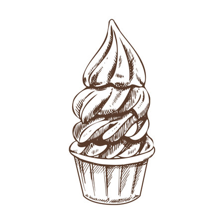 A hand-drawn sketch of frozen yogurt or soft ice cream in a cup. vintage illustration. Element for the design of labels, packaging and postcards.のイラスト素材