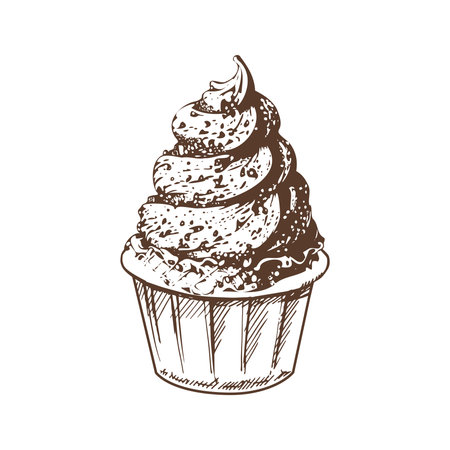A hand-drawn sketch of frozen yogurt or soft ice cream in a cup. vintage illustration. Element for the design of labels, packaging and postcards.のイラスト素材