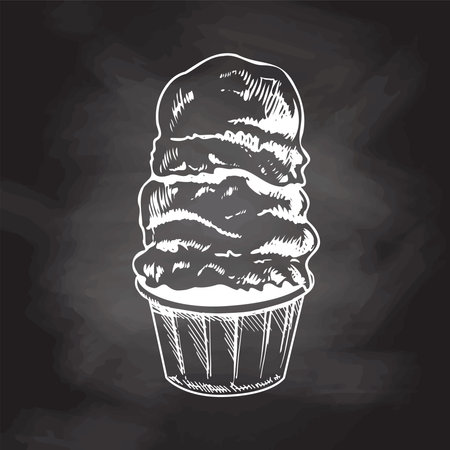 A hand-drawn white sketch of frozen yogurt or soft ice cream in a cup isolated on chalkboard background. vintage illustration. Element for the design of labels, packaging and postcards.のイラスト素材