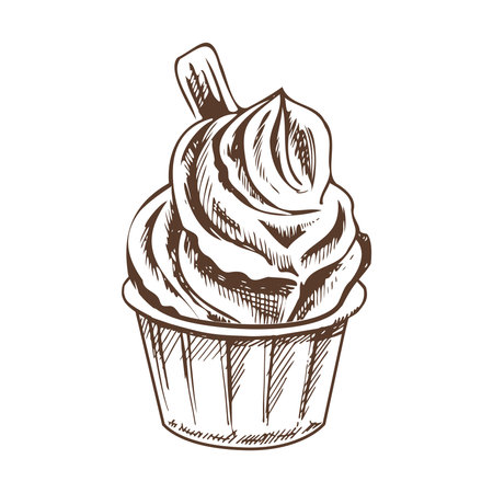 A hand-drawn sketch of frozen yogurt or soft ice cream in a cup. vintage illustration. Element for the design of labels, packaging and postcards.のイラスト素材