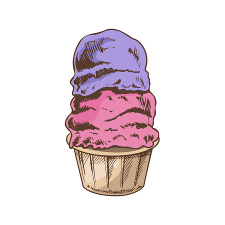 A hand-drawn colored sketch of frozen yogurt or soft ice cream in a cup. vintage illustration. Element for the design of labels, packaging and postcards.のイラスト素材