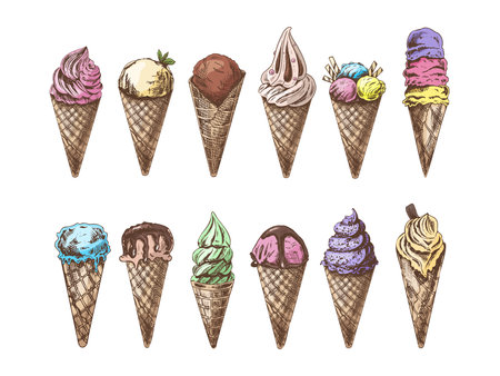 A hand-drawn colored sketch of a waffle cones with ice cream or frozen yoghurt. vintage illustration. set. Element for the design of labels, packaging and postcards.のイラスト素材