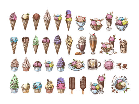 Big hand-drawn sketch of ice cream or frozen yoghurt in cups and cones, milkshakes, ice cream on a stick, cupcakes, cookies. vintage illustration. set. Element for the design of labels, packaging and postcards.の写真素材