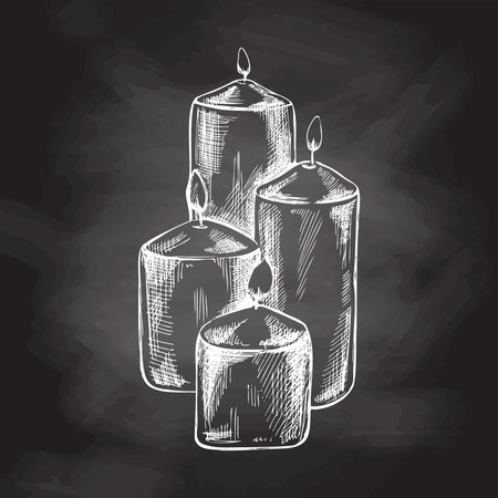 Hand drawn sketch of burning candles. Vector illustration of a vintage style isolated on chalkboard background. Halloween or Christmas drawing.のイラスト素材
